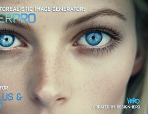 A woman with blue eyes looking directly at the viewer, promoting AI Render Pro
