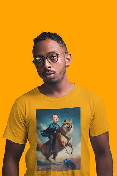 Black man with glasses wearing an orange t-shirt, illustrated by Design Hero, featuring Elon Musk.
