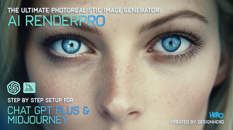 A woman with blue eyes looking directly at the viewer, promoting AI Render Pro