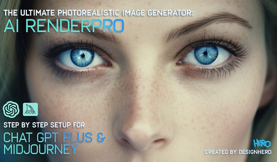 A woman with blue eyes looking directly at the viewer, promoting AI Render Pro