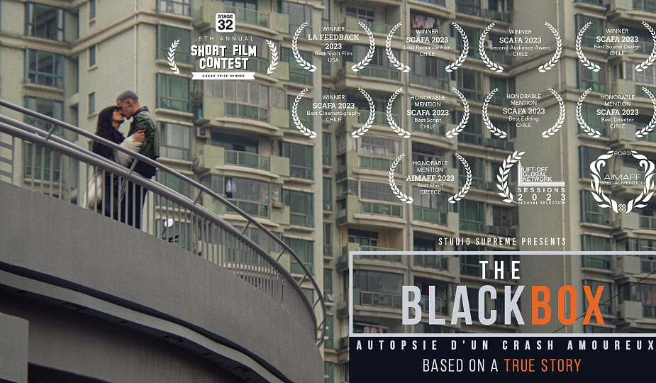 Sai (played by Xinwen Cui) and Thibaut Royer, the lead actors of 'The Black Box,' share a tender kiss with the bustling skyline of Shanghai in the background, capturing a poignant moment of connection amidst the vibrant cityscape.